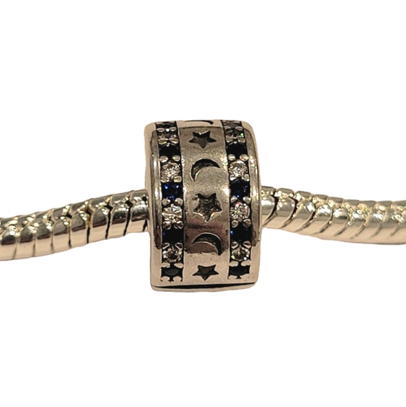 🎆Moon Stars Silver w/ Crystal & Blue Rhinestones Euro Bracelet Connector Charm - Picture 2 of 4